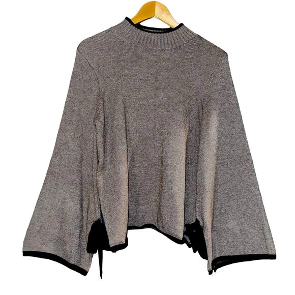 Allison Joy Gray Long Split Tie Bell Sleeve Sweater Women Sz Large Feminine Bow - Picture 1 of 8